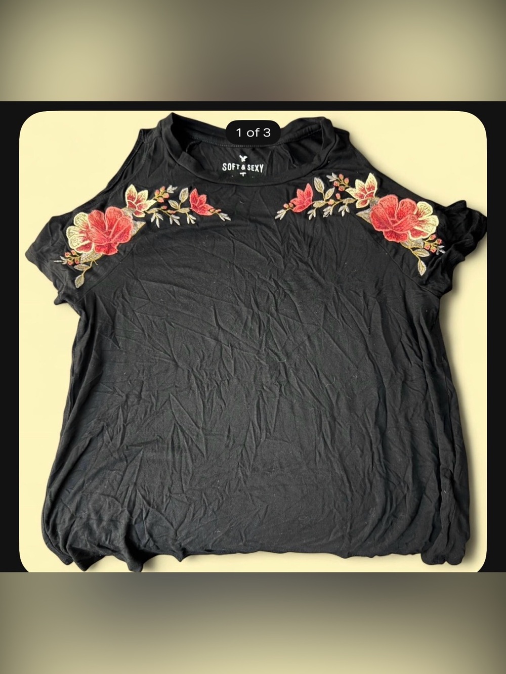 American Eagle Outfitters Black Short-Sleeve Tee with Red Floral Embroidery